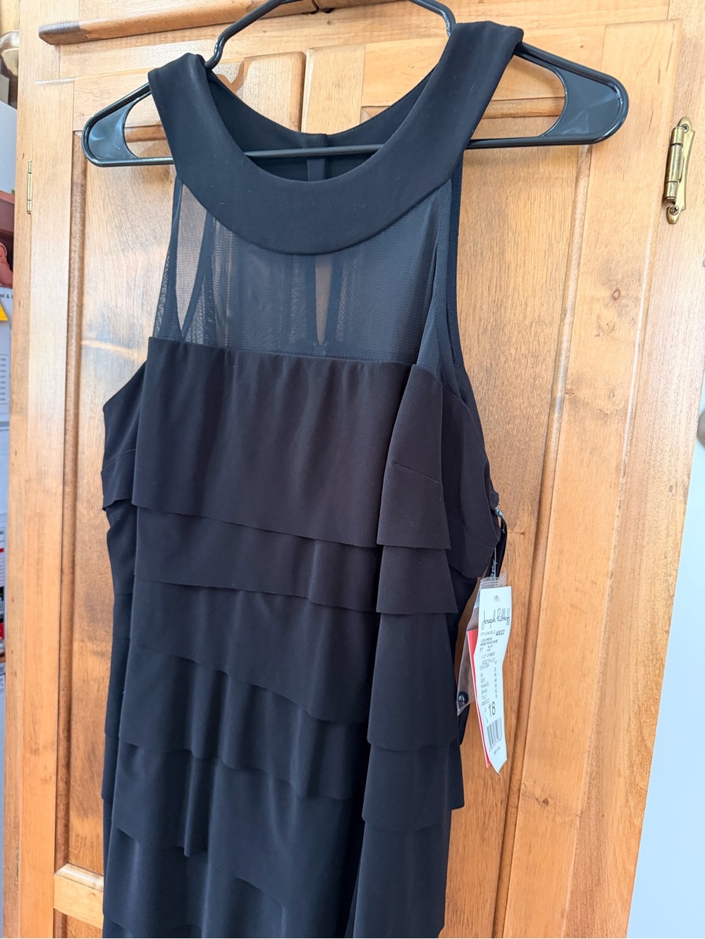 Joseph Ribkoff Black Sleeveless Tiered Midi Dress with Sheer Yoke